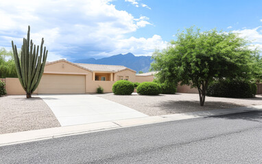 Modern home with desert landscaping and mountain view in a sunny residential area