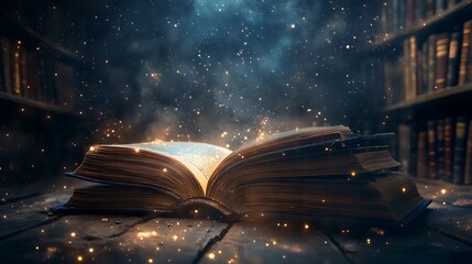 An Open Book Glowing With Magic and Light in a Dark Library