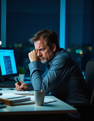 a man sitting at a desk with a laptop and a pen