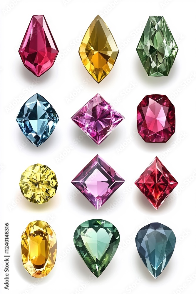 Poster twelve colorful gems with various shapes and cuts displayed on a white background in a grid pattern