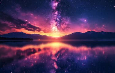 Fototapeta premium Celestial Sunset: A Serene Mountain Lake Reflecting the Milky Way