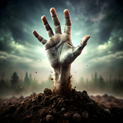 Zombie Hand Coming Out of Soil isolated on white Background