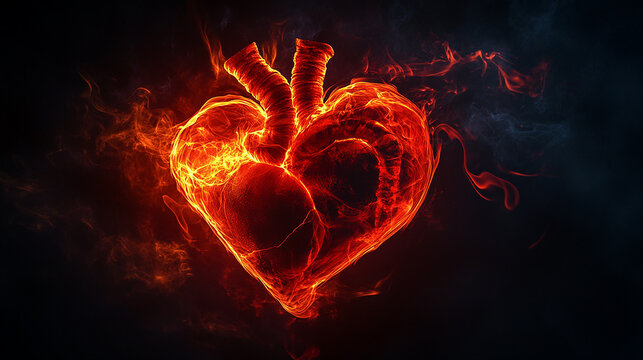 A surreal red heart made of smoke and fire pulsating ai generated