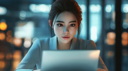 Young woman working intently on a laptop in a cozy modern setting with soft ambient lighting, symbolizing productivity and focus