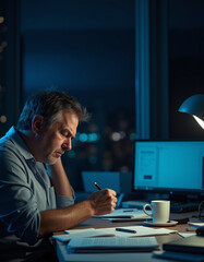 a man sitting at a desk writing on a piece of paper