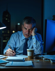 a man sitting at a desk with a cup of coffee
