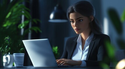 3D illustration of a professional woman in a dark office working on a laptop. Elegant and focused business setting with moody lighting and greenery.