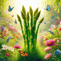Vibrant Medicinal Asparagus in a Lush Flower Garden with Butterflies