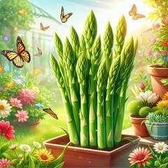 Medicinal Asparagus Growing in a Sunny Garden with Blooming Flowers and Butterflies