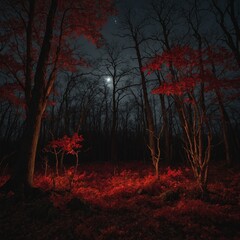 A red-leafed woodland under the eerie glow of a blood moon.