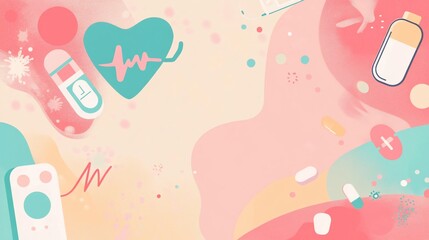 Medical illustration of pills, heart beat, thermometer, and diverse medicine elements on a soft background