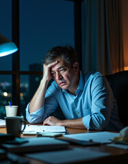 a man sitting at a desk with a cup of coffee