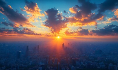 Fiery Sunset over Urban Skyline: A Breathtaking Panorama