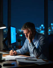 a man sitting at a desk writing in a notebook