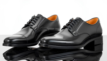 Elegant black leather office shoes with a mirror-polished surface, reflecting a subtle shine against a pristine white background