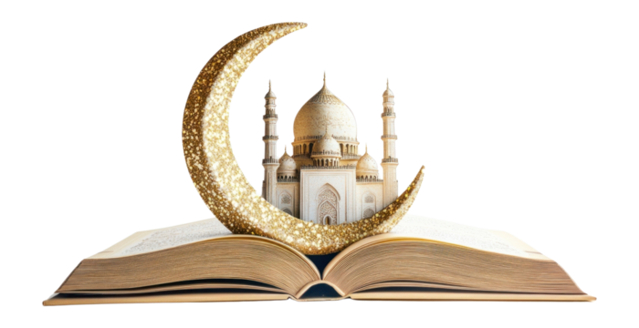 PNG Crescent moon Ramadan floating book architecture mosque.