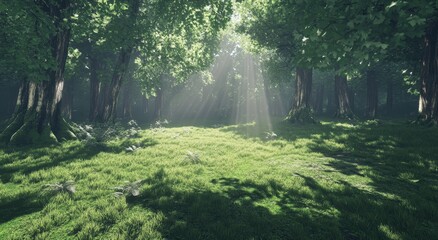 Sunbeams illuminate lush forest glade