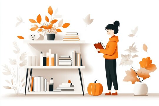 A cheerful 2D depiction of a person thoroughly organizing books on a shelf, with neat stacks and vibrant book covers on a white canvas