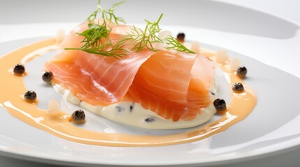 Exquisite salmon dish elegantly plated with creamy sauce and garnishes. Generative AI