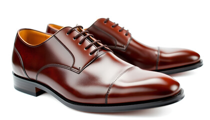 A pair of premium brown leather dress shoes with an ultra-glossy finish, radiating elegance against a white background