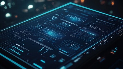 Futuristic digital dashboard displaying data analytics, charts, and graphs on a high-tech touchscreen interface with a cyber-inspired design. Technology background