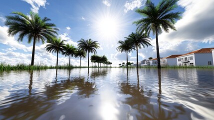 Tranquil landscape with palm trees reflecting in calm water under bright sun and blue sky, showcasing paradise vibes and serenity