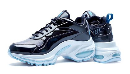 A pair of futuristic training shoes with a glass-like glossy texture, standing out against a white background