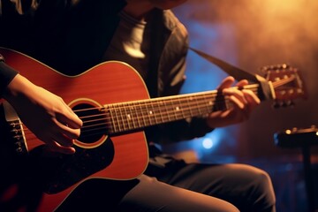 Obraz premium Captivating guitar melodies fill the air during an intimate music session. Generative AI