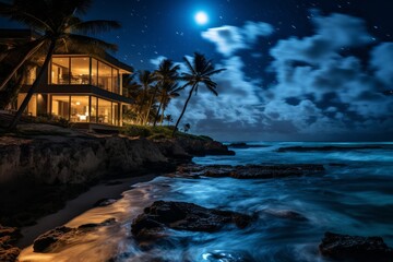 Nighttime serenity by the ocean with an enchanting moonlit sky. Generative AI