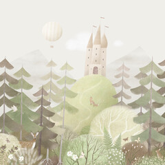 Cute illustration of forest, castle on hill, hot air balloon. Green color scheme, vintage style. Design for a children's room, poster, postcard. Watercolor illustration. © bukhavets