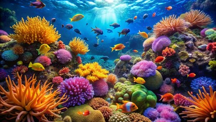 Vibrant Coral Reef Underwater Scene with Colorful Marine Life