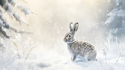 Obraz premium Snow Hare Winter Wonderland Peaceful Scene