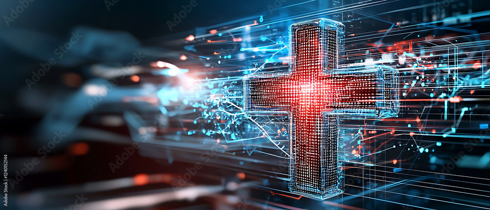 Poster digital healthcare transformation virtual environment infographic design data visualization high-tec