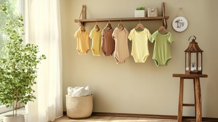 Pastel Baby Bodysuits Hanging in Nursery