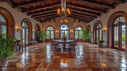 Obraz premium Grand, sunlit, Mediterranean-style dining room with high ceilings, arched windows, and terracotta tile floor.