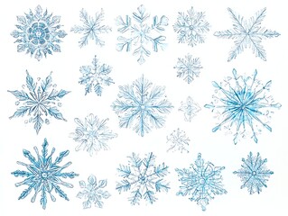 Fototapeta premium A collection of delicate icy blue snowflakes in various intricate symmetrical designs isolated on a white background, perfect for winter-themed graphics and prints.