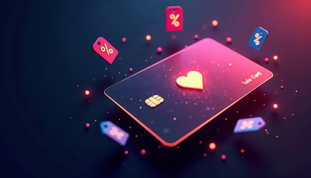 Abstract glowing sale card featuring a heart symbol surrounded by animated discount tags on a dark background