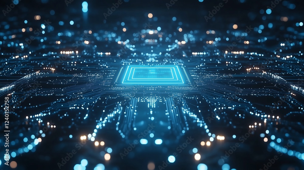 Poster abstract technology circuit board with glowing light blue ai processor in the center, surrounded by 