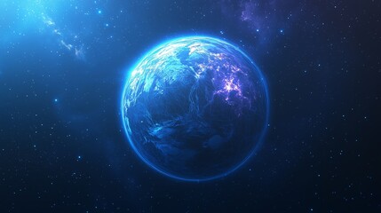 Fototapeta premium Low-Poly Digital Planet in Space with Abstract Tech Background and Glowing Blue Wireframe Elements, Futuristic Aesthetic Representing Technology, Exploration, and Data
