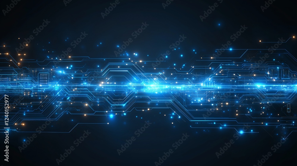 Wall mural thin circuit trace lines in blue on minimal dark technology background, elegant glowing patterns wit