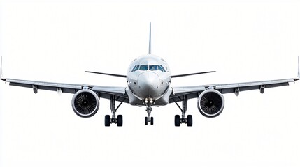 Obraz premium Commercial Airplane Front View Landing Gear Down White Background Air Travel Aviation