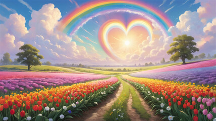 Vibrant tulip fields under a radiant rainbow with a heart-shaped sun rising in the background