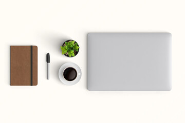 Modern workspace with  copy space on table background. Top view with copy space. Flat lay style....