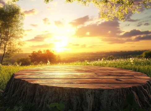 Sunset tree stump display, field, nature, ad - Powered by Adobe
