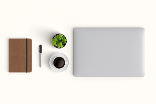 Modern workspace with  copy space on table background. Top view with copy space. Flat lay style. Minimal blank  mockup.