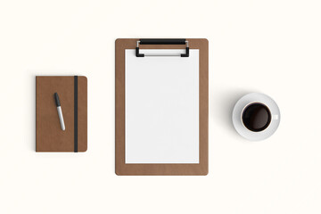 Modern workspace with  copy space on table background. Top view with copy space. Flat lay style. Minimal blank  mockup.