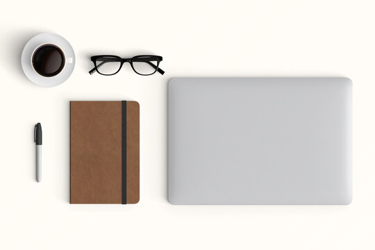 Modern workspace with  copy space on table background. Top view with copy space. Flat lay style. Minimal blank  mockup.