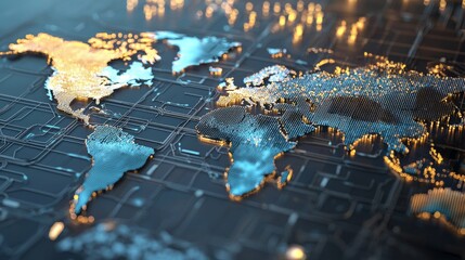 Global Network Map with Illuminated Landmasses Depicting Modern Technology Connections and Geospatial Data Visualizations