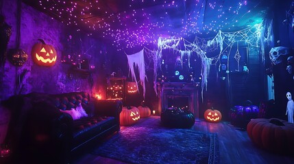 A Dark and Spooky Halloween Living Room Decorated with Pumpkins, Cobwebs, and Glowing Lights
