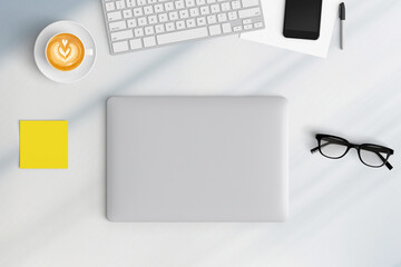 Modern workspace with  copy space on table background. Top view with copy space. Flat lay style....